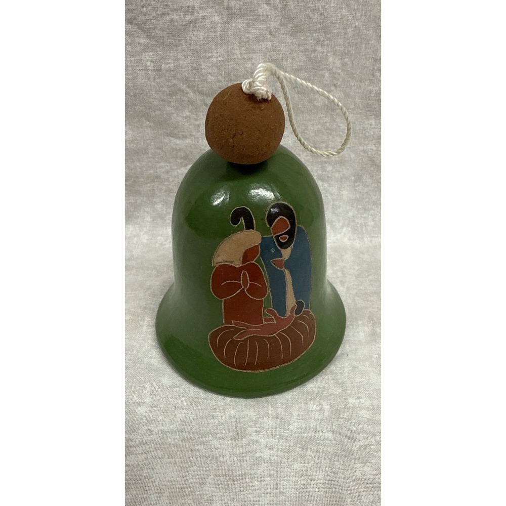 Vintage Hand Painted Terracotta Nativity Bell Christmas Ornament Green Folk Art